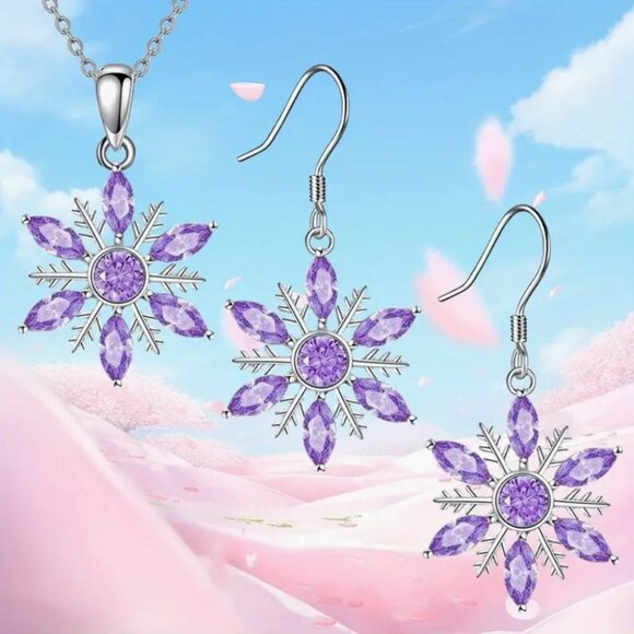 Snowflake Purple Crystal Jewelry Set Necklace & Earrings - Picture 1 of 3